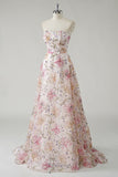 Sparkly Pink A-Line Strapless Sequin Floral Long Prom Dress