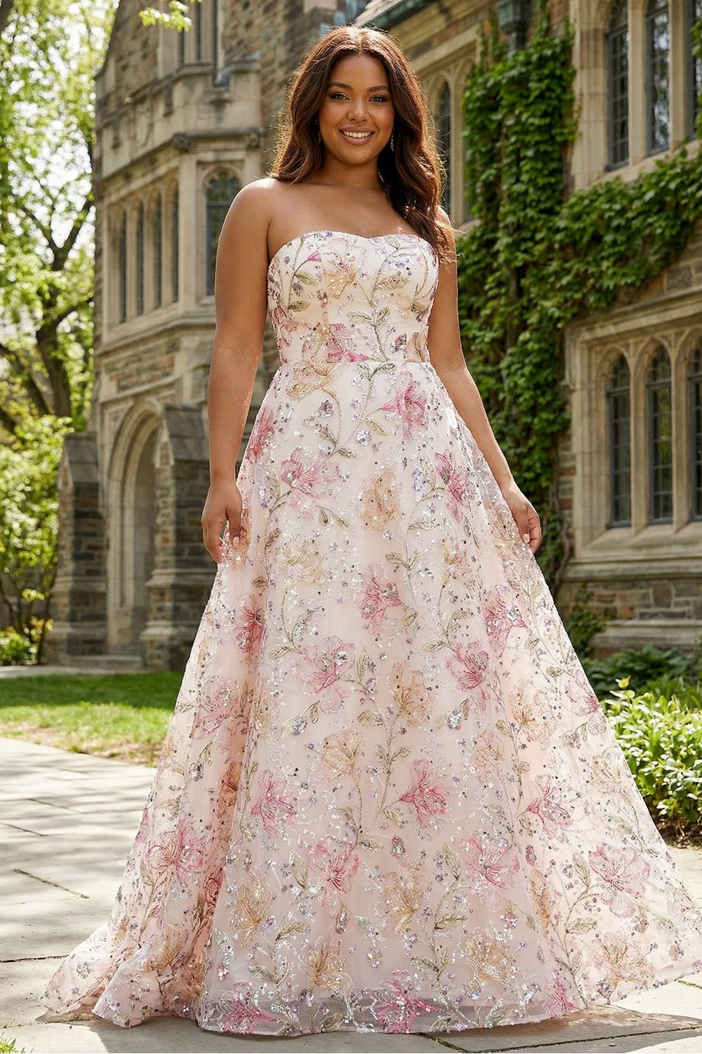 Sparkly Pink Strapless A-Line Sequin Long Plus Size Prom Dress Sparkly Pink Strapless A-Line Sequin Long Plus Size Prom Dress