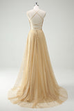 A Line Gold Sequin Spaghetti Straps Prom Dress With Slit