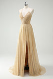 A Line Gold Sequin Spaghetti Straps Prom Dress With Slit