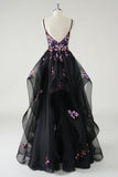 A Line Deep V Neck Black Long Prom Dress with Sequined Appliques