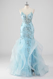 Sky Blue Mermaid Spaghetti Straps Sequin Corset Long Prom Dress with Ruffles