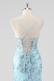 Sky Blue Mermaid Spaghetti Straps Sequin Corset Long Prom Dress with Ruffles