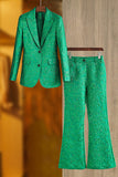 Green Peak Lapel Jacquard Women's Suits