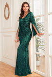 Glitter Champagne Mermaid V Neck Long Prom Dress