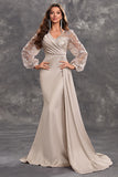 Navy V Neck Mermaid Long Sleeves Prom Dress