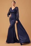 Navy V Neck Mermaid Long Sleeves Prom Dress