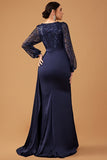 Navy V Neck Mermaid Long Sleeves Prom Dress