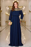 Navy Pleated A Line Boat Neck Long Prom Dress