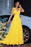 Yellow V-Neck Hollow Out A-Line Formal Dress