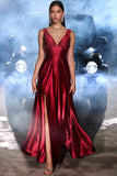 Burgundy A-Line V Neck Long Satin Formal Dress