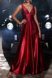 Burgundy A-Line V Neck Long Satin Formal Dress