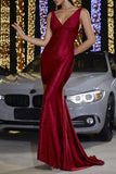 Sparkly Burgundy V-Neck Mermaid Formal Dress