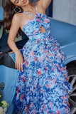 Blue Flower Cut Out A-line Floral Formal Dress