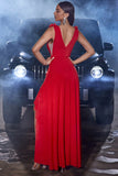 Red V-neck Ruffled Formal Dress with Slit