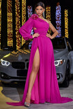 Fuchsia One Shoulder Flower A-Line Long Formal Dress with Slit