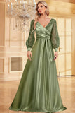 Sparkly Blush A-Line Wrap Seqin Long Sleeves Satin Long Formal Dress