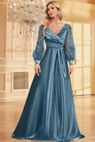 Sparkly Blush A-Line Wrap Seqin Long Sleeves Satin Long Formal Dress