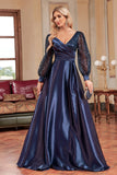 Sparkly Blush A-Line Wrap Seqin Long Sleeves Satin Long Formal Dress