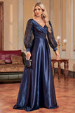 Sparkly Blush A-Line Wrap Seqin Long Sleeves Satin Long Formal Dress