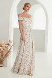 Apricot A-Line Off the Shoulder Floral Long Prom Dress with Slit