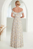 Apricot A-Line Off the Shoulder Floral Long Prom Dress with Slit