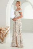 Apricot A-Line Off the Shoulder Floral Long Prom Dress with Slit