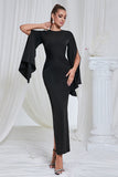 Black Mermaid Long Sleeves Ruched Long Prom Dress with Slit