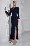 Navy Mermaid Long Sleeves Hollow Out Long Prom Dress with Slit