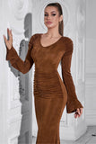 Brown Mermaid Long Sleeves Ruched Round Neck Long Prom Dress