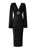 Sparkly Black Tight V Neck Long Sleeves Tea Length Formal Dress with Slit