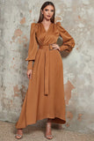 Camel A-Line Wrap V Neck Long Sleeves Long Prom Dress with Belt