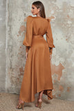 Camel A-Line Wrap V Neck Long Sleeves Long Prom Dress with Belt