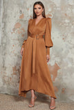 Camel A-Line Wrap V Neck Long Sleeves Long Prom Dress with Belt