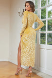 Yellow Floral Wrap Tight Long Sleeves Long Prom Dress with Slit