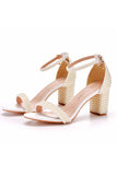 Ivory Open Toe Chunky Heel Shoes with Pearls