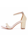 Ivory Open Toe Chunky Heel Shoes with Pearls