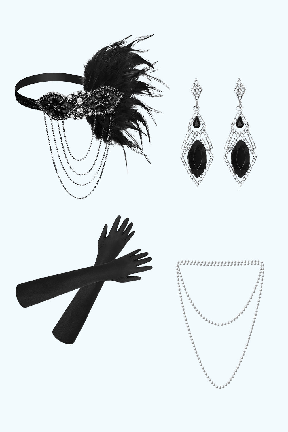 Zapaka Women Accessories Sets Black 1920s Party Four Pieces Sets – ZAPAKA