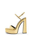 Golden Open Toe Ankle Strap Chunky Heel Sandals