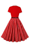 A Line Black Polka Dots Short Sleeves 1950s Dress with Belt