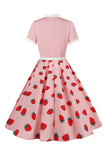 A Line Blush Strawberry Printed 1950s Dress with Short Sleeves