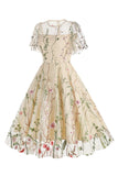 Apricot A Line Printed Tulle 1950s Dress with Short Sleeves