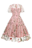 Apricot A Line Printed Tulle 1950s Dress with Short Sleeves