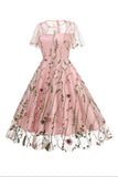 Apricot A Line Printed Tulle 1950s Dress with Short Sleeves