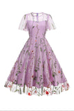 Apricot A Line Printed Tulle 1950s Dress with Short Sleeves