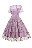 Apricot A Line Printed Tulle 1950s Dress with Short Sleeves