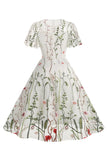 Apricot A Line Printed Tulle 1950s Dress with Short Sleeves