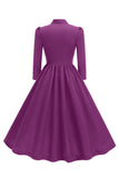 Purple Pleated Bow Tie 1950s Dress with Long Sleeves