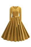 Yellow V Neck Pleated Long Sleeves 1950s Dress