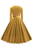 Yellow V Neck Pleated Long Sleeves 1950s Dress